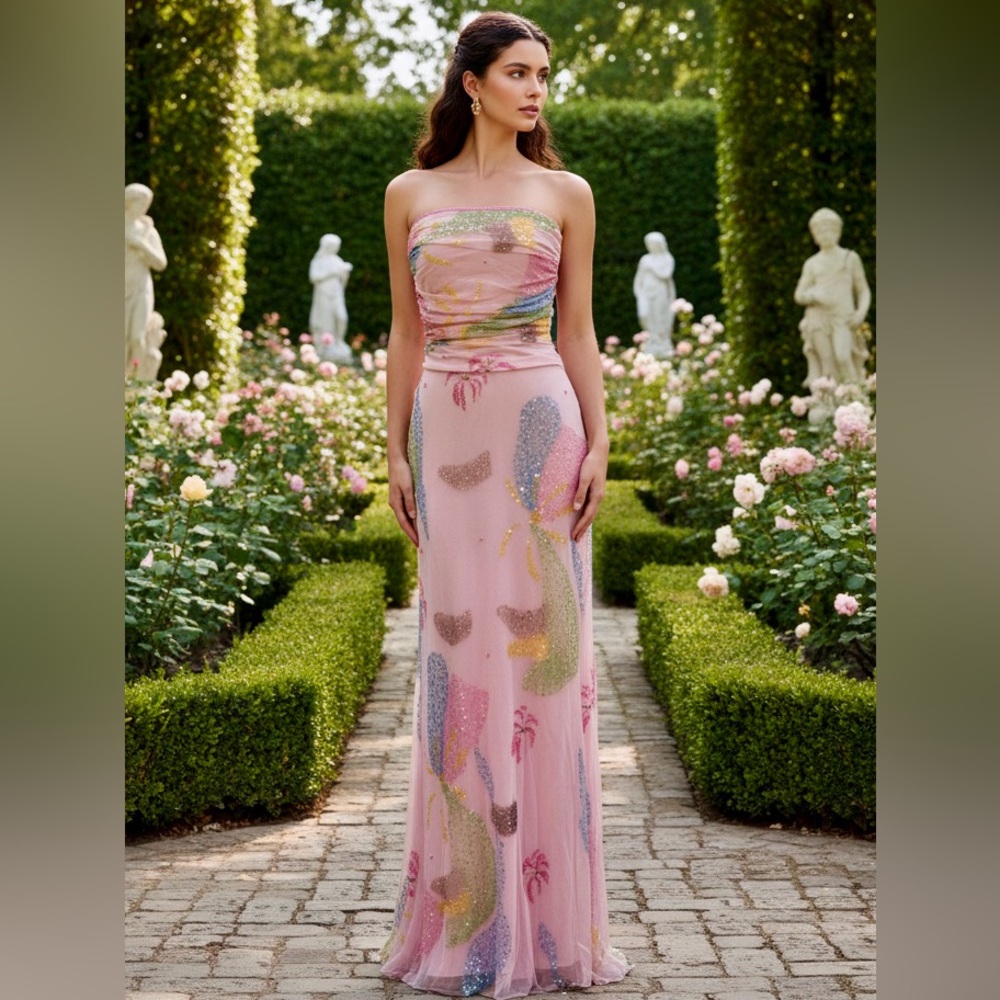 Elegant‎ Strapless Pink hand beaded Gown with Multicolor Accents